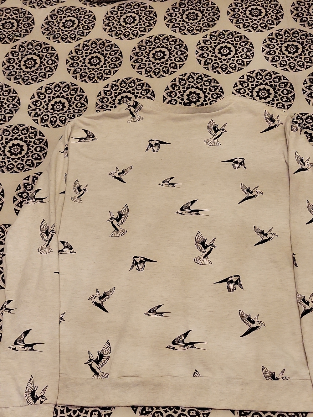 Cream Bird-Print Long-Sleeve Shirt